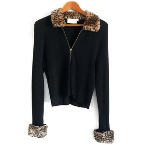 Vintage Cache Leopard Trim Knit Sweater 